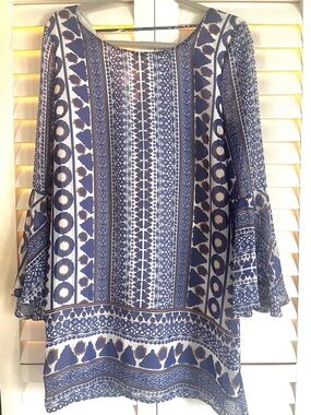 Blue and White Boho Print Tunic Dress
